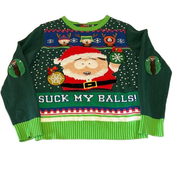Spencers South Park Christmas Sweater M Men Green Cartman Suck My Balls Kenny - Picture 1 of 5